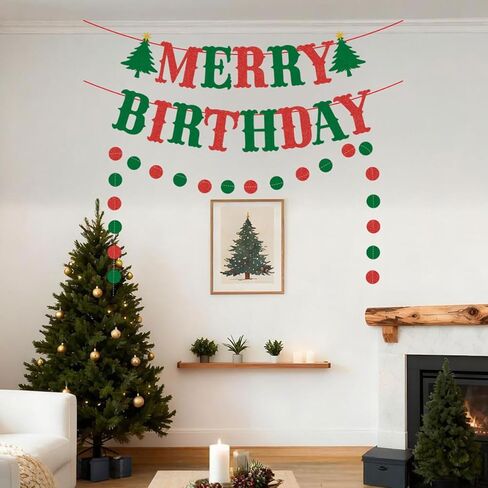 Merry Birthday Banner Red and Green Glittery Christmas Birthday Banner Christmas Happy Birthday Banners for Merry Christmas Banners Decorations Wall Fireplace Home Party Decor in Kuwait