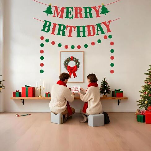 Merry Birthday Banner Red and Green Glittery Christmas Birthday Banner Christmas Happy Birthday Banners for Merry Christmas Banners Decorations Wall Fireplace Home Party Decor in Kuwait