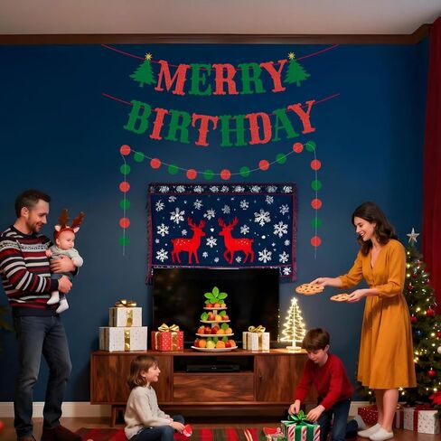 Merry Birthday Banner Red and Green Glittery Christmas Birthday Banner Christmas Happy Birthday Banners for Merry Christmas Banners Decorations Wall Fireplace Home Party Decor in Kuwait