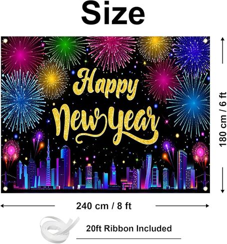 لافتة Avezano 2026 Happy New Year، متعددة الألوان، زينة حفلات رأس السنة الجديدة السعيدة، الألعاب النارية Cityscape السنة الجديدة، لوازم حفلات NYE (6 × 3.6 قدم) in Saudi Arabia