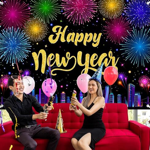 لافتة Avezano 2026 Happy New Year، متعددة الألوان، زينة حفلات رأس السنة الجديدة السعيدة، الألعاب النارية Cityscape السنة الجديدة، لوازم حفلات NYE (6 × 3.6 قدم) in Saudi Arabia