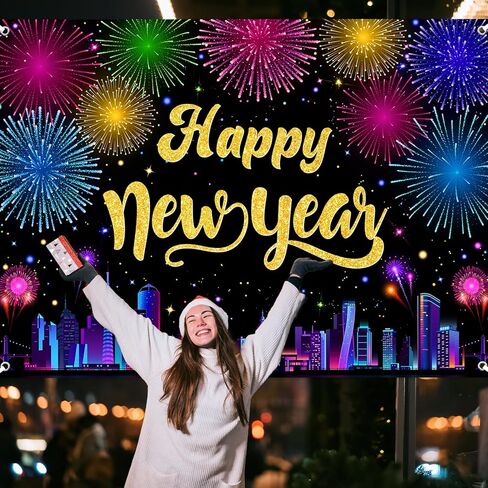 لافتة Avezano 2026 Happy New Year، متعددة الألوان، زينة حفلات رأس السنة الجديدة السعيدة، الألعاب النارية Cityscape السنة الجديدة، لوازم حفلات NYE (6 × 3.6 قدم) in Saudi Arabia