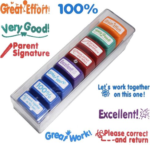8-Pcs Self-Inking Teacher Stamps for Classroom – Colorful Motivational Stamps Set with Transparent Storage Box, Perfect for Grading Homework, Rewards & Parent Signatures (Rainbow) in Saudi Arabia