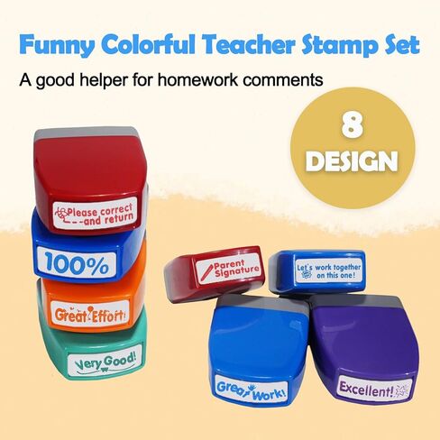 8-Pcs Self-Inking Teacher Stamps for Classroom – Colorful Motivational Stamps Set with Transparent Storage Box, Perfect for Grading Homework, Rewards & Parent Signatures (Rainbow) in Saudi Arabia