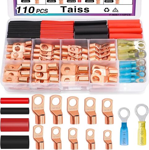 تنتهي كبل البطارية Taiss 160pcs ، العروات الأسلاك النحاسية ، AWG 2/4/6/8/10/12 Gauge Copper Lugs تشكيلة ، موصلات حلقة النحاس مع تقليص الحرارة in Saudi Arabia