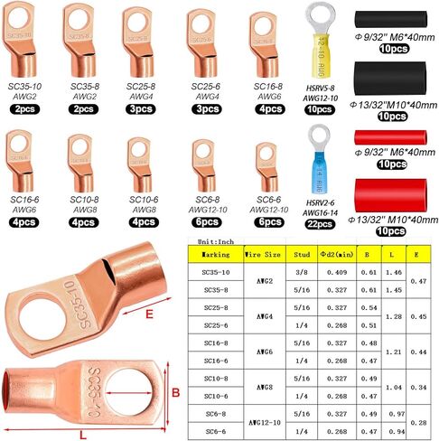 تنتهي كبل البطارية Taiss 160pcs ، العروات الأسلاك النحاسية ، AWG 2/4/6/8/10/12 Gauge Copper Lugs تشكيلة ، موصلات حلقة النحاس مع تقليص الحرارة in Saudi Arabia