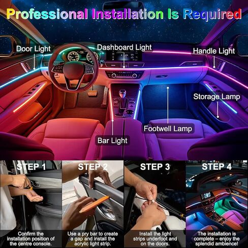 إضاءة محيطة للسيارة من الأكريليك، طقم شريط LED داخلي RGB مع وضع مزامنة الموسيقى، طول 55 بوصة مناسب للبيك اب والشاحنات وسيارات الدفع الرباعي والمركبات الكبيرة (10 في 1) in Saudi Arabia