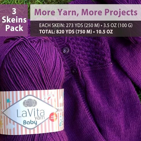 Lavita Baby Premium Anti-Pill 3 Pack of 100gr/3,5oz - 100% Acrylic Yarn for Knitting & Crocheting – Soft - Hypoallergenic - Machine - Washable & Ideal for Baby & Adult Projects 820 yd - 10.5 oz in Saudi Arabia