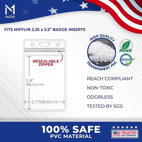 حامل شارة اسم الهوية العمودي السميك للغاية من Mata1-USA (شفاف، 2.25 × 3.5 بوصة، 100 عبوة)، حامل بطاقات اسم بلاستيكية بسحاب in Kuwait