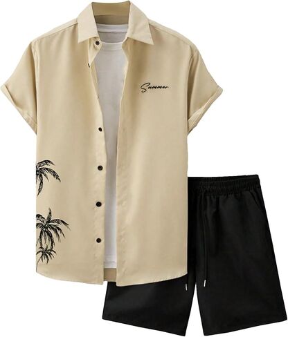 GORGLITTER Men's Hawaiian Matching Set Summer Beach 2 Piece Outfits Flower Button Down Shirts and Shorts Set in Kuwait