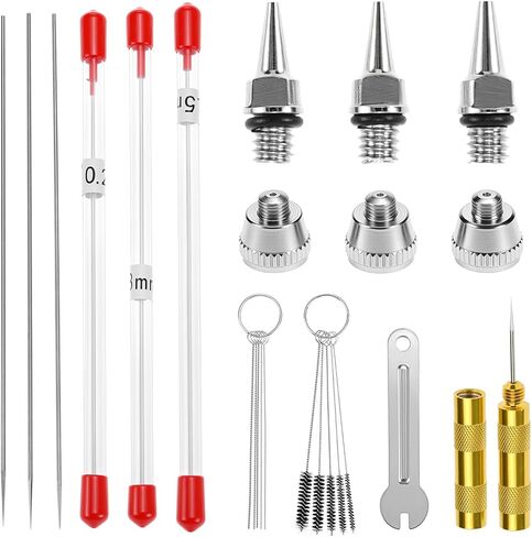 QWORK 21-Piece Airbrush Nozzle Cap Kit with Needles & Cleaning Tools - Airbrush Needle Replacement Parts for 0.2/0.3/0.5 mm Sizes in Saudi Arabia