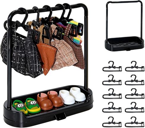 15-17cm Doll Clothes Hanger Shoes Stand with Base, 10 Pcs Clothes Hangers for Doll Accessories, Frame with Drain Hole Durable Plastic Dolls Wardrobe Organizer for Dollhouse Decor﻿(Black) in Kuwait