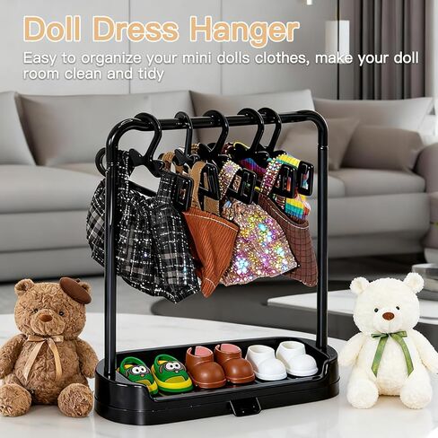 15-17cm Doll Clothes Hanger Shoes Stand with Base, 10 Pcs Clothes Hangers for Doll Accessories, Frame with Drain Hole Durable Plastic Dolls Wardrobe Organizer for Dollhouse Decor﻿(Black) in Kuwait