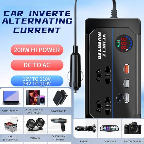 200W Car Power Inverter 12V 24V to 110V AC,YUANCOX Inverters for Vehicle/Truck Car Cigarette Lighter Inverter with 2 AC Outlets,3 USB and PD Fast Charging Ports,Car Plug Adapter Charger (200W-Black) in Saudi Arabia