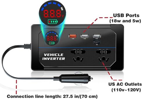 200W Car Power Inverter 12V 24V to 110V AC,YUANCOX Inverters for Vehicle/Truck Car Cigarette Lighter Inverter with 2 AC Outlets,3 USB and PD Fast Charging Ports,Car Plug Adapter Charger (200W-Black) in Saudi Arabia