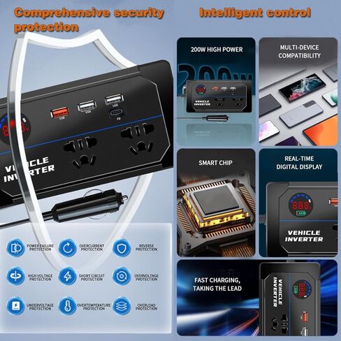 200W Car Power Inverter 12V 24V to 110V AC,YUANCOX Inverters for Vehicle/Truck Car Cigarette Lighter Inverter with 2 AC Outlets,3 USB and PD Fast Charging Ports,Car Plug Adapter Charger (200W-Black) in Saudi Arabia