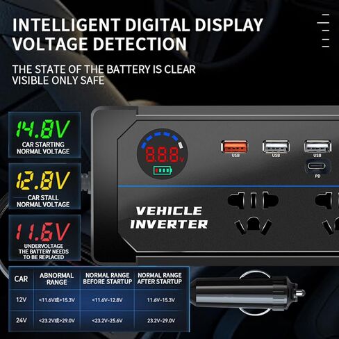 200W Car Power Inverter 12V 24V to 110V AC,YUANCOX Inverters for Vehicle/Truck Car Cigarette Lighter Inverter with 2 AC Outlets,3 USB and PD Fast Charging Ports,Car Plug Adapter Charger (200W-Black) in Saudi Arabia