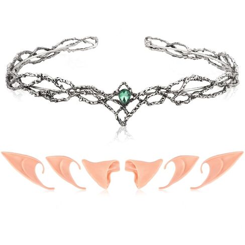 Wecoe 3 Pairs Fairy Elf Ears with Crown Set, Halloween Party Elf Elven Costume Cosplay Renaissance Accessories (Antique Silver, Green Rhinestones) in Saudi Arabia