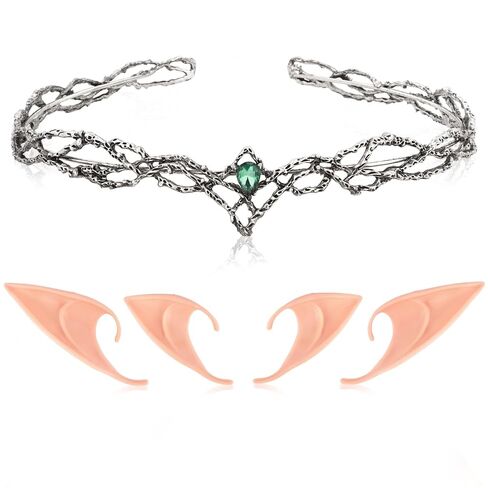 Wecoe 3 Pairs Fairy Elf Ears with Crown Set, Halloween Party Elf Elven Costume Cosplay Renaissance Accessories (Antique Silver, Green Rhinestones) in Saudi Arabia