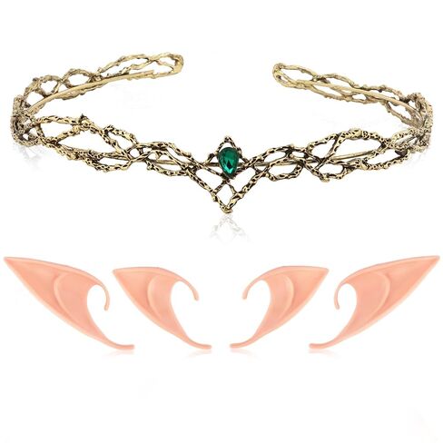 Wecoe 3 Pairs Fairy Elf Ears with Crown Set, Halloween Party Elf Elven Costume Cosplay Renaissance Accessories (Antique Silver, Green Rhinestones) in Saudi Arabia