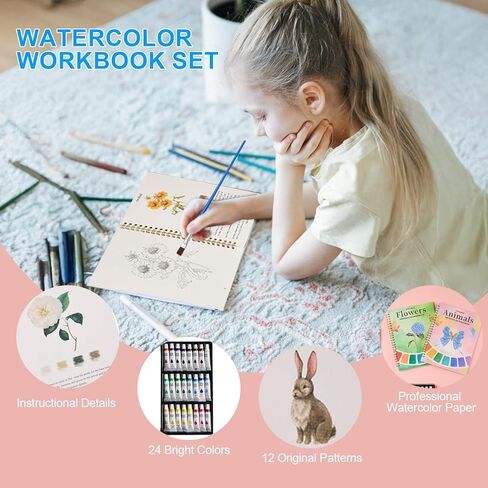 Watercolor Workbook, Water Coloring Book, 24 Colors Watercolor Paint Set with Palette and Brush, 12 Different Patterns of Original DIY Designs, Beginner-Friendly Watercolor Workbook (Animals 1) in Saudi Arabia