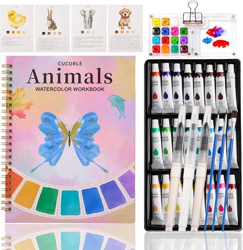 Watercolor Workbook, Water Coloring Book, 24 Colors Watercolor Paint Set with Palette and Brush, 12 Different Patterns of Original DIY Designs, Beginner-Friendly Watercolor Workbook (Animals 1) in Saudi Arabia