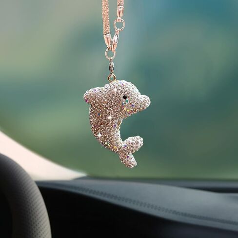 زينة معلقة للسيارة من Bling Dolphin، قلادة مرآة الرؤية الخلفية من الكريستال اللطيفة، سحر مرآة الرؤية الخلفية الماسية، ملحقات الديكور الداخلي للسيارة المحظوظة (أبيض) in Kuwait