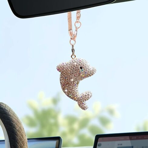 زينة معلقة للسيارة من Bling Dolphin، قلادة مرآة الرؤية الخلفية من الكريستال اللطيفة، سحر مرآة الرؤية الخلفية الماسية، ملحقات الديكور الداخلي للسيارة المحظوظة (أبيض) in Kuwait