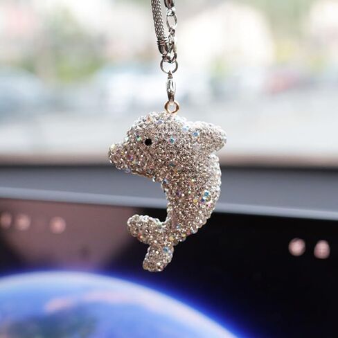 زينة معلقة للسيارة من Bling Dolphin، قلادة مرآة الرؤية الخلفية من الكريستال اللطيفة، سحر مرآة الرؤية الخلفية الماسية، ملحقات الديكور الداخلي للسيارة المحظوظة (أبيض) in Kuwait
