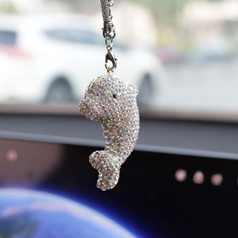 زينة معلقة للسيارة من Bling Dolphin، قلادة مرآة الرؤية الخلفية من الكريستال اللطيفة، سحر مرآة الرؤية الخلفية الماسية، ملحقات الديكور الداخلي للسيارة المحظوظة (أبيض) in Kuwait