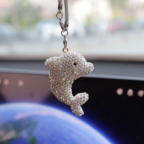 زينة معلقة للسيارة من Bling Dolphin، قلادة مرآة الرؤية الخلفية من الكريستال اللطيفة، سحر مرآة الرؤية الخلفية الماسية، ملحقات الديكور الداخلي للسيارة المحظوظة (أبيض) in Kuwait