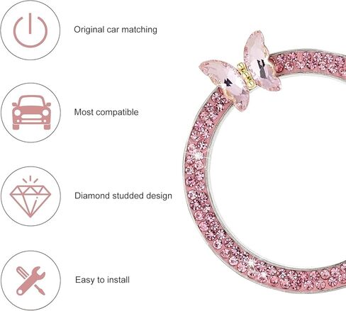 ملصق تزيين Bling Car بزر واحد لبدء التشغيل، حلقة مقبض إشعال مفتاح الفراشة، ملحقات الديكور الداخلي للسيارة (وردي) in Kuwait