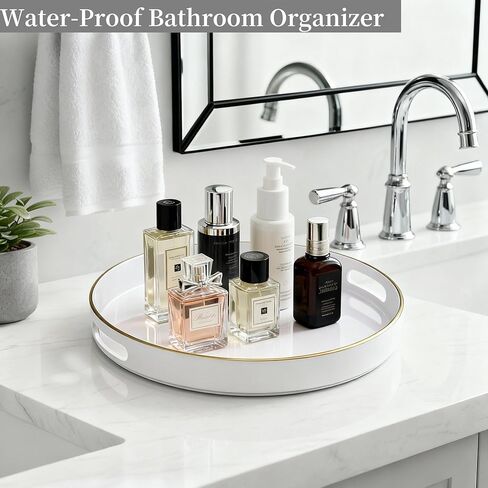 Zosenley Decorative Tray, Round Plastic Tray with Handles, Modern Vanity Tray and Serving Tray for Ottoman, Coffee Table, Kitchen and Bathroom, Size 13" (Drak Blue) in Kuwait