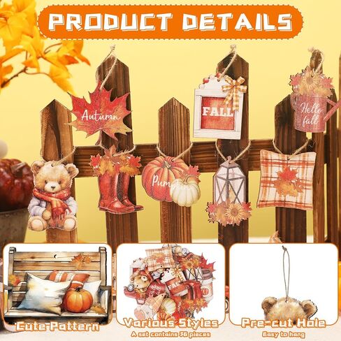 36 Pcs Fall Wooden Ornaments Thanksgiving Tree Decorations Pumpkin Leaf Truck Gnome Wood Cutouts with Ropes Autumn Harvest Hanging Signs for Holiday Party Tree Decor in Saudi Arabia