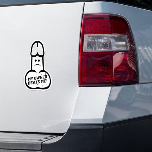 My Owner Beats Me Sticker - Waterproof Vinyl Decal for Car Bumper, Laptop, Water Bottle, Wall, and Window, Size - 3'' Longer Side in Saudi Arabia