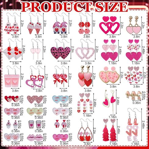 Ecation 24 Pairs Valentine's Day Heart Shaped Wooden Earrings Acrylic Dangling Lover Earrings Lightweight Red Pink Gnome Heart Dangle Earrings for Jewelry Gift Women Girl Girlfriend Cutie 24 Designs in Kuwait