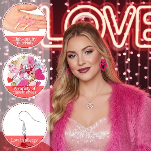 Ecation 24 Pairs Valentine's Day Heart Shaped Wooden Earrings Acrylic Dangling Lover Earrings Lightweight Red Pink Gnome Heart Dangle Earrings for Jewelry Gift Women Girl Girlfriend Cutie 24 Designs in Kuwait