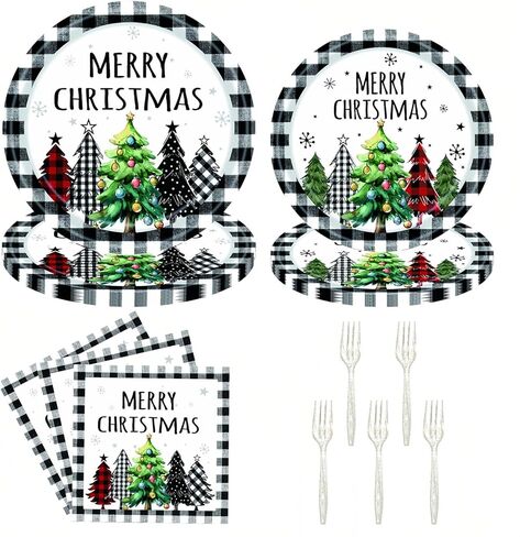 DTDO 96Pcs Christmas Paper Plates and Napkins Party Dinnerware Set Buffalo Plaid Xmas Christmas Tree Tableware Party Supplies Winter Christmas Party Decorations Serve 24 guest in Saudi Arabia