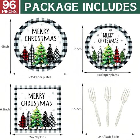 DTDO 96Pcs Christmas Paper Plates and Napkins Party Dinnerware Set Buffalo Plaid Xmas Christmas Tree Tableware Party Supplies Winter Christmas Party Decorations Serve 24 guest in Saudi Arabia