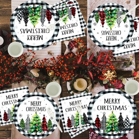 DTDO 96Pcs Christmas Paper Plates and Napkins Party Dinnerware Set Buffalo Plaid Xmas Christmas Tree Tableware Party Supplies Winter Christmas Party Decorations Serve 24 guest in Saudi Arabia