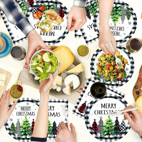 DTDO 96Pcs Christmas Paper Plates and Napkins Party Dinnerware Set Buffalo Plaid Xmas Christmas Tree Tableware Party Supplies Winter Christmas Party Decorations Serve 24 guest in Saudi Arabia