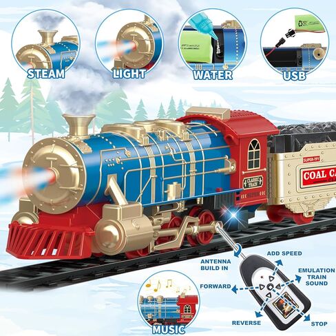 Kids Electric Train Set - Remote Control Blue Train Set w/Smoke, Sounds, Lights - Rechargeable for Christmas Tree - Train Toys Gifts for 3 to 8 Year Old Boys in Kuwait