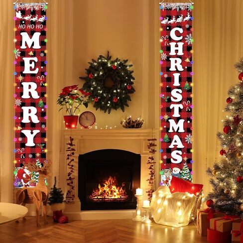 71 x 12 Inches Christmas Lighted Banner for Doorway Porch Yard, “MERRY" and “CHRISTMAS" Buffalo Plaid Holiday Theme Decor Outdoor Indoor Front Door Wall Welcome Hanging LED Banner Sign Decorations Party Supplies in Kuwait