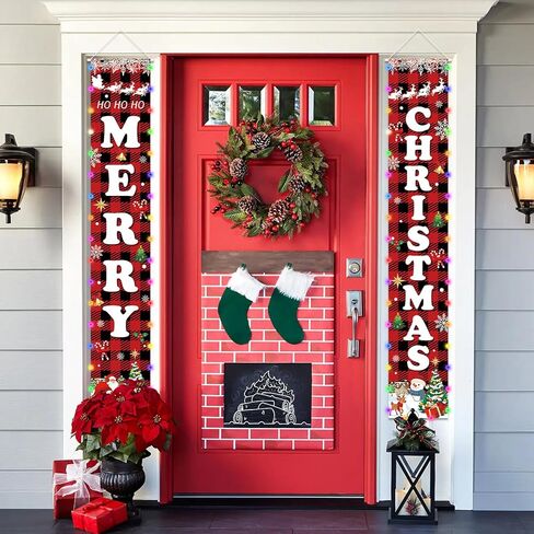 71 x 12 Inches Christmas Lighted Banner for Doorway Porch Yard, “MERRY" and “CHRISTMAS" Buffalo Plaid Holiday Theme Decor Outdoor Indoor Front Door Wall Welcome Hanging LED Banner Sign Decorations Party Supplies in Kuwait