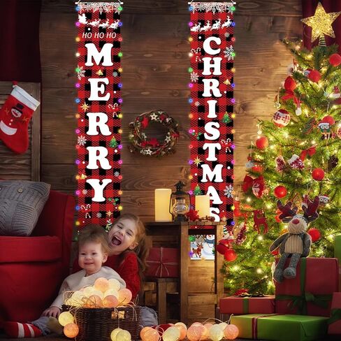 71 x 12 Inches Christmas Lighted Banner for Doorway Porch Yard, “MERRY" and “CHRISTMAS" Buffalo Plaid Holiday Theme Decor Outdoor Indoor Front Door Wall Welcome Hanging LED Banner Sign Decorations Party Supplies in Kuwait