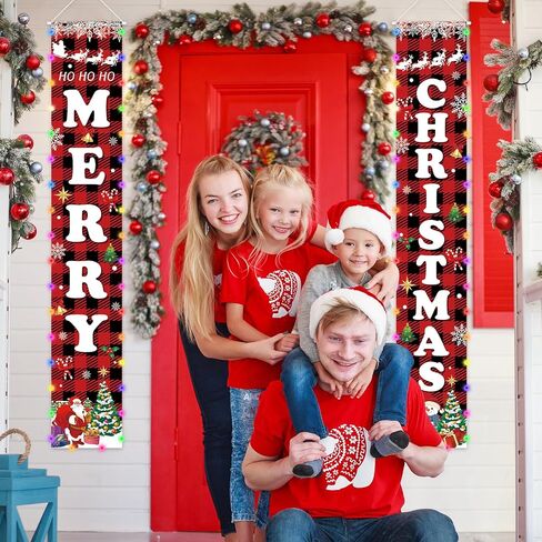 71 x 12 Inches Christmas Lighted Banner for Doorway Porch Yard, “MERRY" and “CHRISTMAS" Buffalo Plaid Holiday Theme Decor Outdoor Indoor Front Door Wall Welcome Hanging LED Banner Sign Decorations Party Supplies in Kuwait