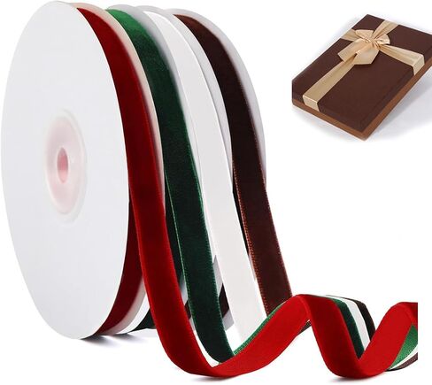 4 Rolls Velvet Ribbon Set, 2/5" x20 Yard Single Side Velvet Ribbon for Christmas Wreath Decoration Gift Wrapping, Burgundy, Brown, Pink, Deep Green in Saudi Arabia