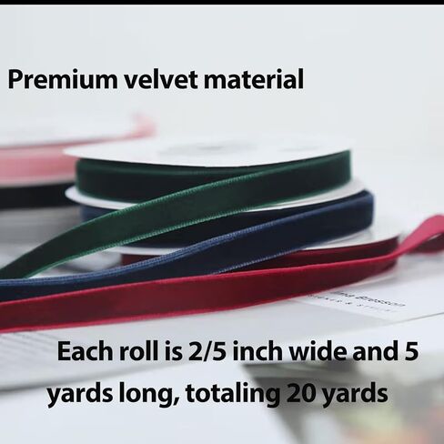 4 Rolls Velvet Ribbon Set, 2/5" x20 Yard Single Side Velvet Ribbon for Christmas Wreath Decoration Gift Wrapping, Burgundy, Brown, Pink, Deep Green in Saudi Arabia