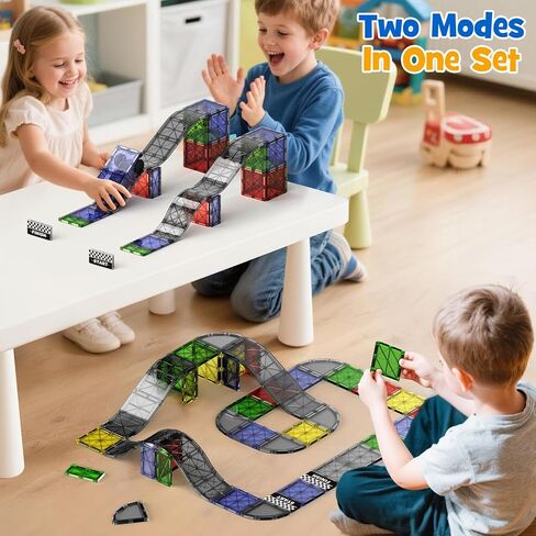 مجموعة بلاط مغناطيسي 2 في 1 للانحدار والطرق - 40 قطعة من مكعبات البناء المغناطيسية مع السيارة، ألعاب مونتيسوري لمرحلة ما قبل المدرسة للأولاد والبنات بعمر 3 سنوات فما فوق، ألعاب حسية مثالية للأطفال الصغار in Kuwait