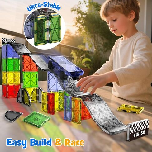 مجموعة بلاط مغناطيسي 2 في 1 للانحدار والطرق - 40 قطعة من مكعبات البناء المغناطيسية مع السيارة، ألعاب مونتيسوري لمرحلة ما قبل المدرسة للأولاد والبنات بعمر 3 سنوات فما فوق، ألعاب حسية مثالية للأطفال الصغار in Kuwait